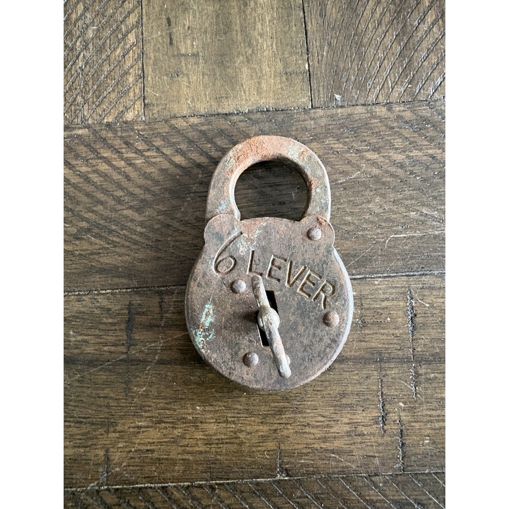 Antique VTG 6 Lever Lock Padlock and Key USA Industrial Steampunk Heavy Works